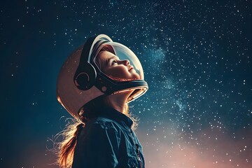 Reaching for the Stars: A young girl dreams of the cosmos, gazing up at the starry night sky with wonder in her eyes. She wears an astronaut helmet.