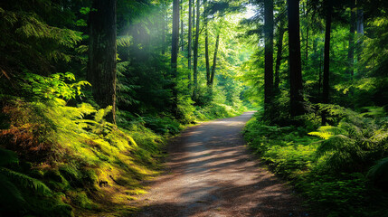 Obraz premium Tranquil forest pathway bathed in warm sunlight for nature, relaxation, and mindfulness backgrounds
