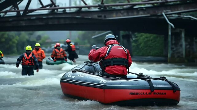 A rescue team in a boat tosses a lifeline to a stranded person balancing on a collapsed bridge, the rushing floodwaters making the mission more urgent.