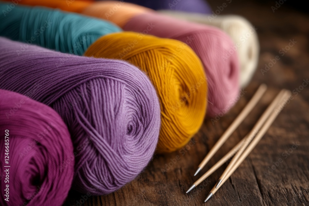 Poster close-up of colorful yarns arranged beside knitting needles on a rustic wooden table, inspiring a se