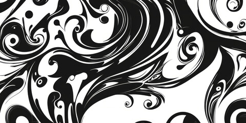 A dramatic black and white background with bold, abstract shapes and swirling patterns. The high-contrast design gives it a striking, artistic feel, perfect for creative advertising or modern art