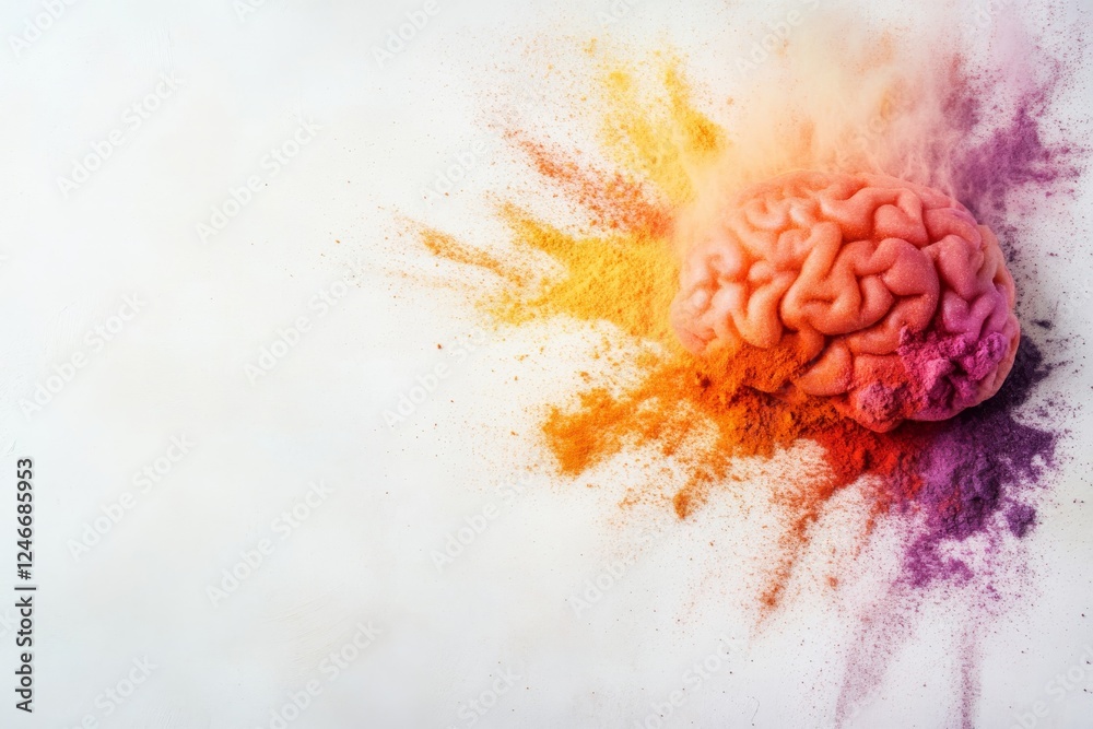 Leinwandbilder A vibrant brain shape made of assorted spices is creatively displayed on a white surface, showcasing diverse colors and textures with space for additional content