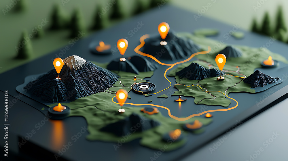 Poster interactive 3d map displaying scenic locations with navigation points modern design studio environme