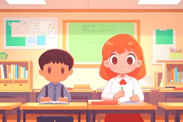 A colorful classroom scene featuring a boy and girl sitting at desks, engaged in their studies, with educational materials in the background.