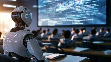 A robotic assistant teacher moves between students, helping them with their assignments while the main AI instructor delivers a lesson on a massive digital screen.