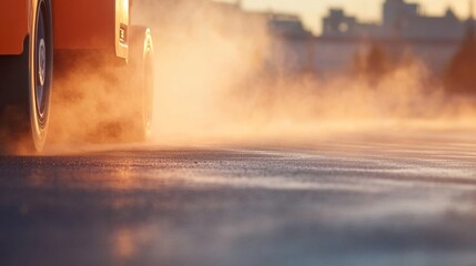 Road roller operator efficiently spreads fresh asphalt on a newly paved road, creating steam as the sun rises, showcasing the hardworking construction process