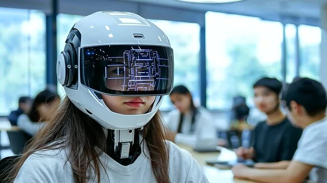 A robotic mentor, wearing a digital display as a face, quizzes students on science topics, adapting its difficulty level in real time based on their responses.