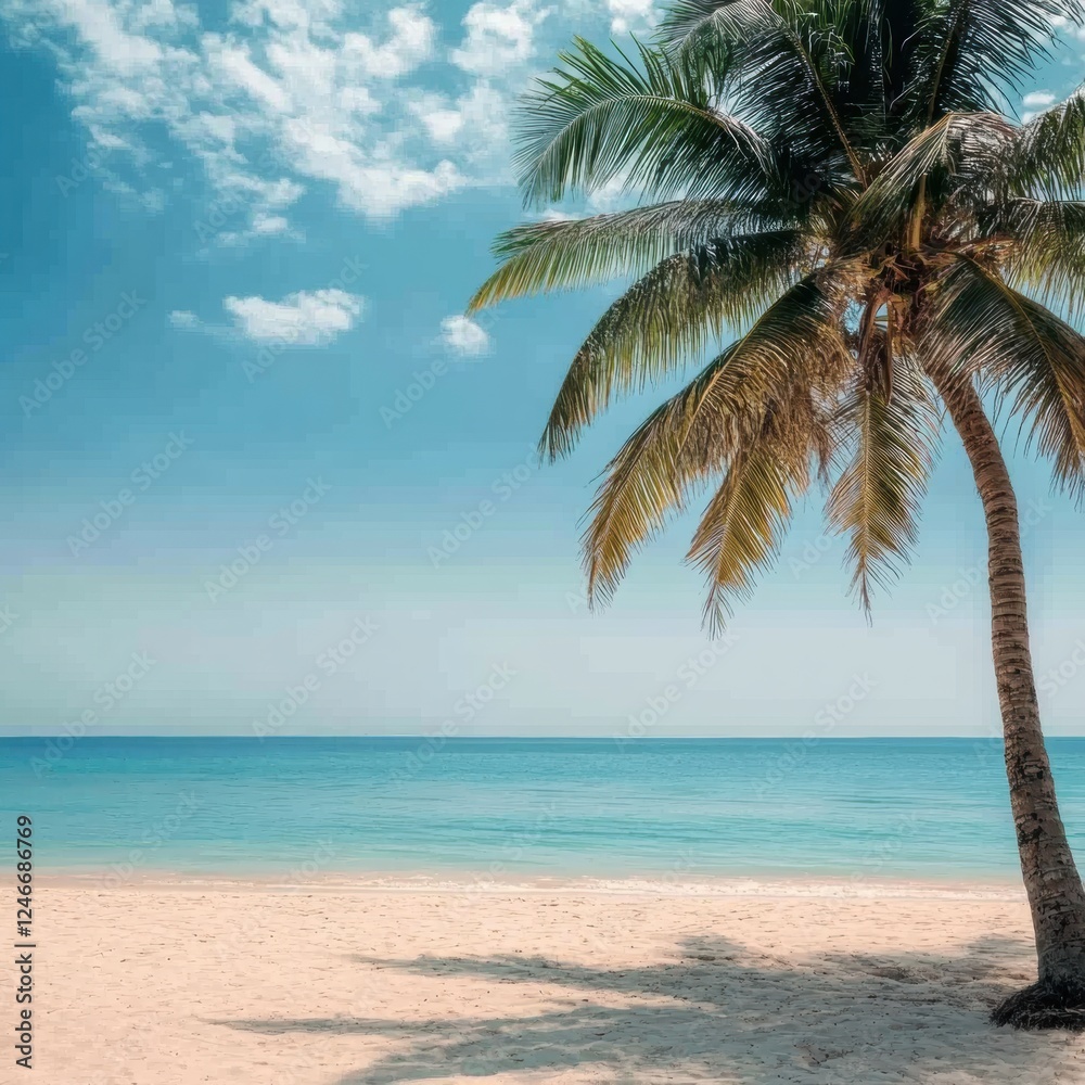 Poster tropical beach with a coconut palm tree and turquoise water inviting relaxation and serenity on a su