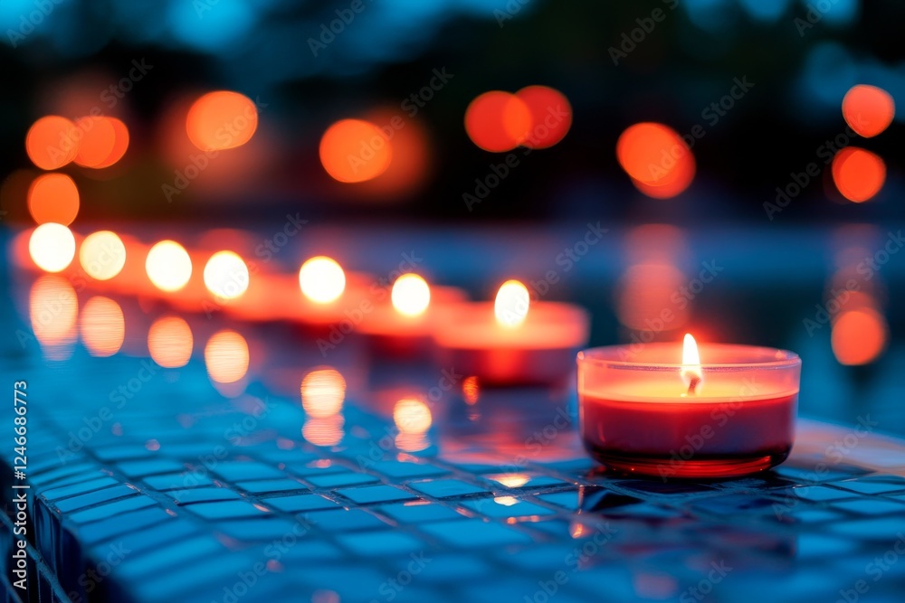 Poster glowing candles lined on a mosaic tile surface cast a warm light against the cool night, enhancing t