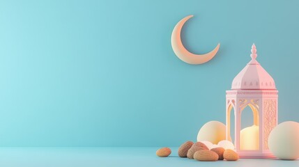 Naklejka premium 3D illustration of Ramadan Kareem, with a lantern and dates alongside a crescent moon on a blue background banner template