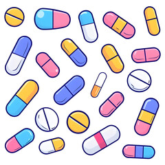 Colorful Medicine Capsules and Pills on a White Background