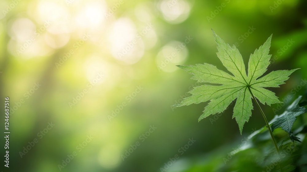 Poster a single green leaf with detailed veins extends from its central stem, surrounded by a soft blur of 