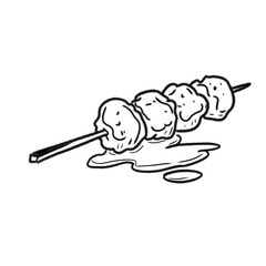 Skewered Meatballs with Sauce Shown in Monochrome Illustration