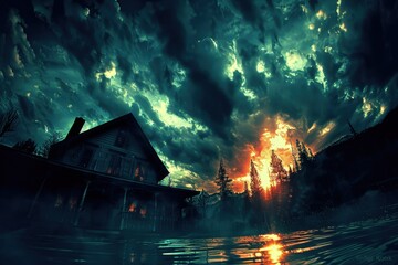 A dramatic scene featuring a dark house silhouetted against a fiery sunset, enveloped by ominous clouds and misty waters.