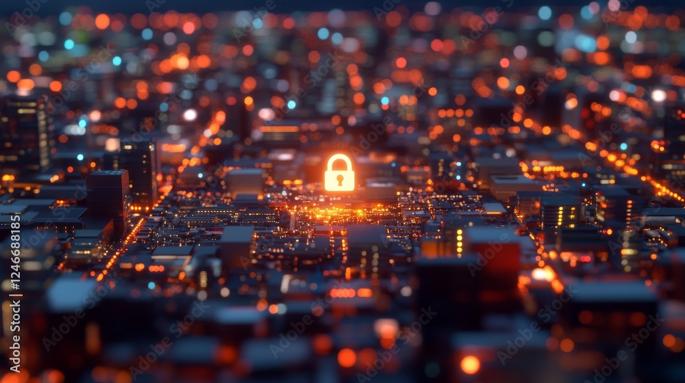 Poster Close-up view of a computer motherboard featuring a glowing padlock hologram, representing the importance of cybersecurity and data protection in a digital landscape