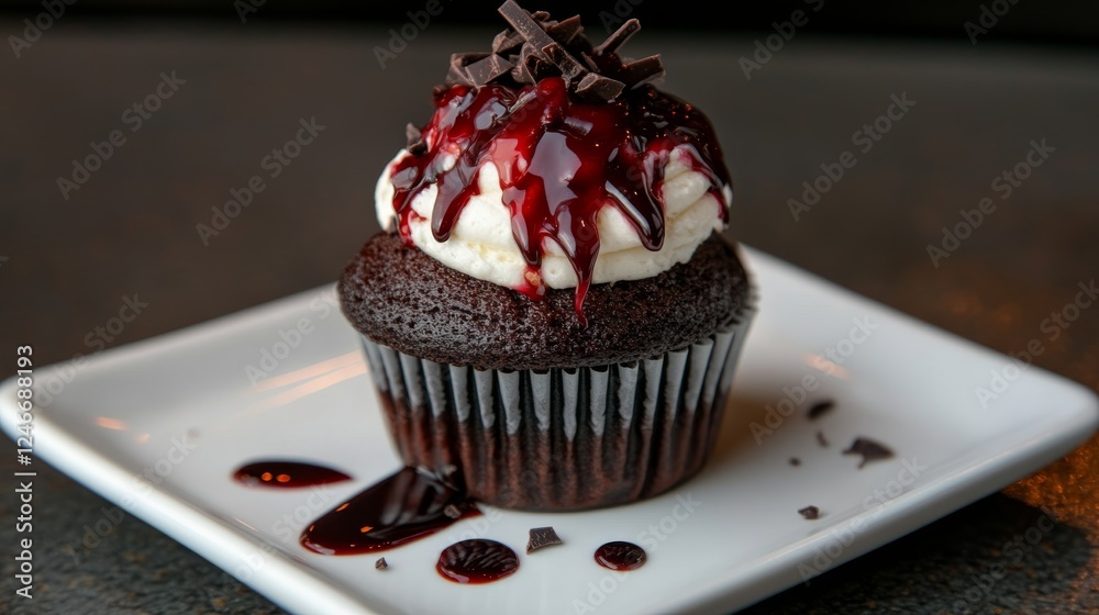 Poster close-up shot of a black forest cupcake featuring luscious chocolate drizzle on a white plate, creat