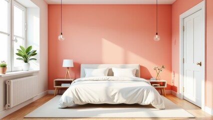 Modern Coral Bedroom Interior Design with White Bed and Minimalist Decor