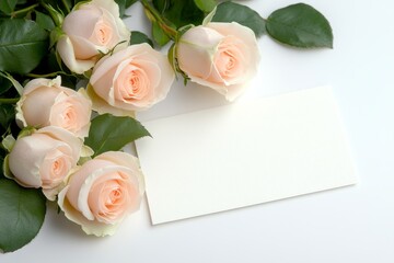 A delicate arrangement of pale pink roses and a blank card, ideal for messages or notes in a soft, romantic setting.