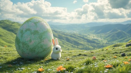 Cute bunny sitting beside colorful egg in a scenic landscape during sunrise