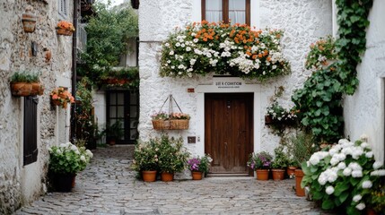 Flowery European village street scene, charming home, cobblestone path, travel postcard
