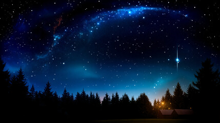 A serene night sky filled with stars and a glowing horizon, framed by dark silhouettes of trees.