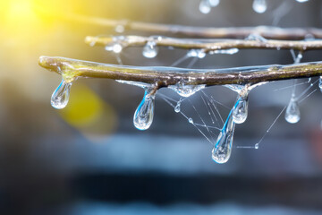 Glimmering water droplets hang from a branch, illuminated by soft sunlight, creating a serene and refreshing natural scene.