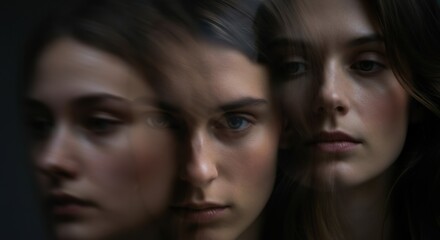 Ethereal portrait of a woman with a blurred reflection, capturing emotion and depth