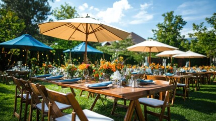 Obraz premium Delightful garden party setup with colorful umbrellas and vibrant floral arrangements outdoor setting event overview cheerful atmosphere nature-inspired concept