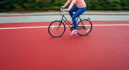 Woman riding a bicycle on a vibrant red bike lane