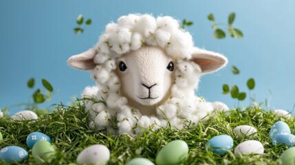 Whimsical easter bonnet crafting cotton ball sheep head surrounded by mini eggs and grass for a delightful holiday decoration
