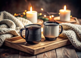 Cozy Black & White Mugs on Rustic Wooden Tray - Night Photography