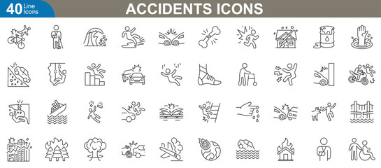 Accidents line icons set. Vector illustration for emergency, workplace safety, traffic incidents, risk prevention and more.