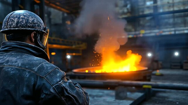 A steelworker in a heavy protective suit stands confidently near a steel furnace, the molten steel glowing orange and yellow, as the worker observes the operation with focused atte