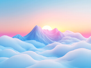 a beautiful sunset scene with a gradient sky transitioning from blue to orange. Mountains emerge from a sea of fluffy clouds, bathed in the warm glow of the setting sun.