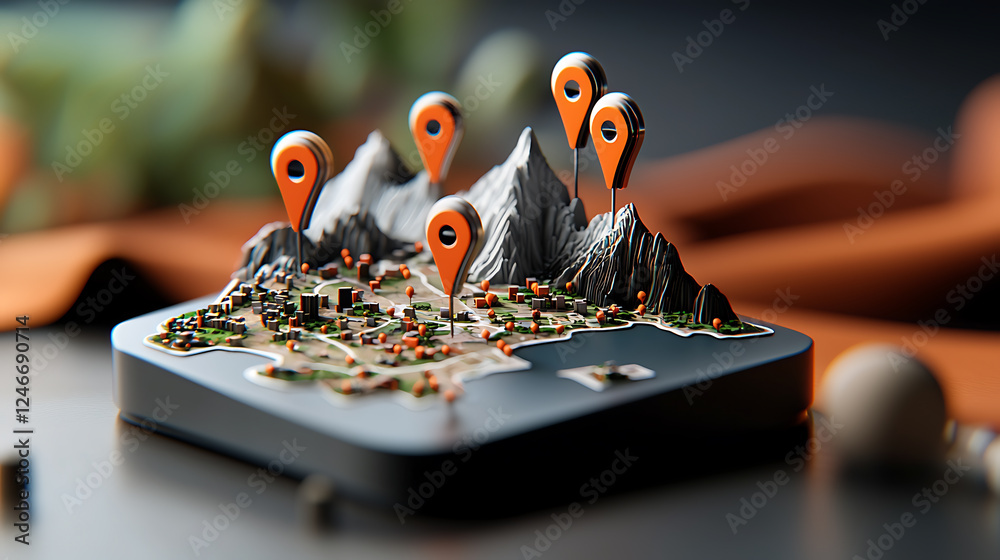 Poster exploring geolocation markers on a 3d map model indoor setting digital art modern design close-up vi