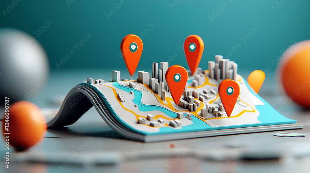 Poster interactive map with location pins urban environment 3d visualization creative concept unique perspe