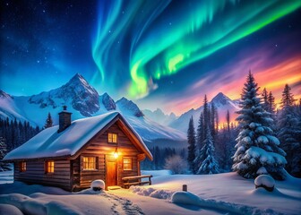 Fototapeta premium Cozy Log Cabin in Snowy Mountains, Aurora Borealis