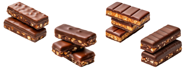 Chocolate bars with peanuts, stacked and arranged, isolated on transparent background