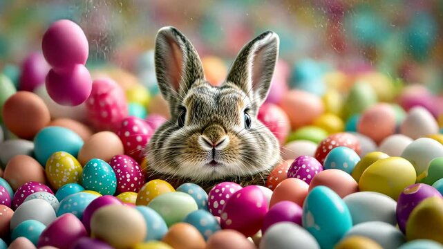 Funny rabbit playfully interacts with colorful easter eggs in vibrant celebration setting. Easter bunny with Easter eggs.