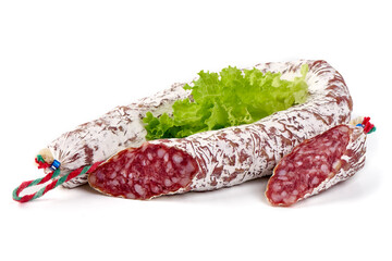 Fuet sausage, dry cured sausage with mold, isolated on white background.