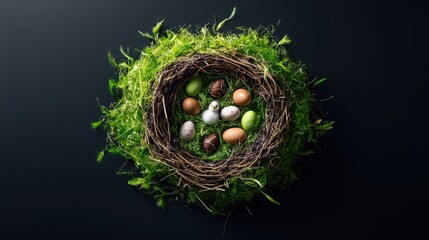 Fototapeta premium Creating a whimsical easter bonnet artistic nest with chocolate eggs and soft chicks in green tissue paper