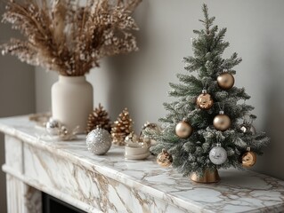 Minimalist Christmas Decoration Living Room Interior with Evergreen Tree Ornaments Gifts and Candle