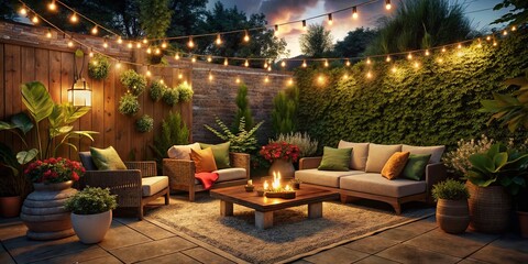 Obraz premium Cozy Patio Night: String Lights, Warm Glow, Outdoor Relaxation