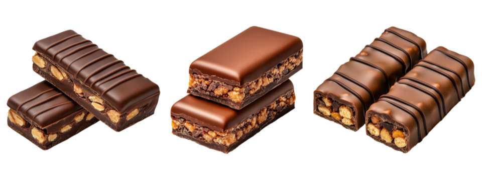 Chocolate bars with peanuts, stacked and arranged, isolated on transparent background