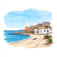 Fototapeta premium Scenic Coastal Landscape with White House and Soft Blue Sky, Calm Waves, and Sandy Beach in Mediterranean Style