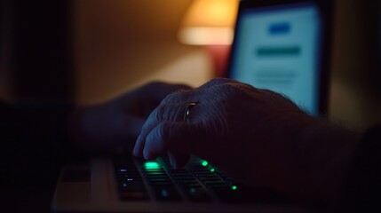 Hands of a dedicated typist engage with the laptop keyboard, celebrating completion of an online course as a certificate displays on the screen in dim light