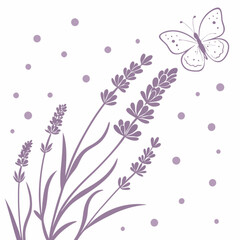 A sophisticated, stylized floral design featuring lavender flowers, delicate leaves, and a whimsical butterfly, all in a muted purple tone against a crisp white background.