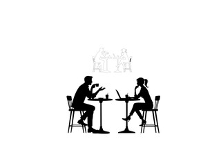 Premium vector men women drink coffee on laptop or talk in office vector black and white outline and vector illustration design.