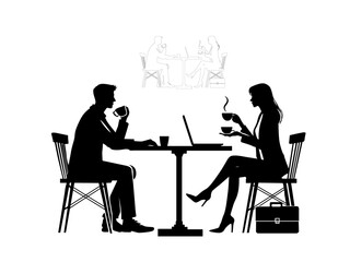 Premium vector men women drink coffee on laptop or talk in office vector black and white outline and vector illustration design.