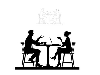 Premium vector men women drink coffee on laptop or talk in office vector black and white outline and vector illustration design.